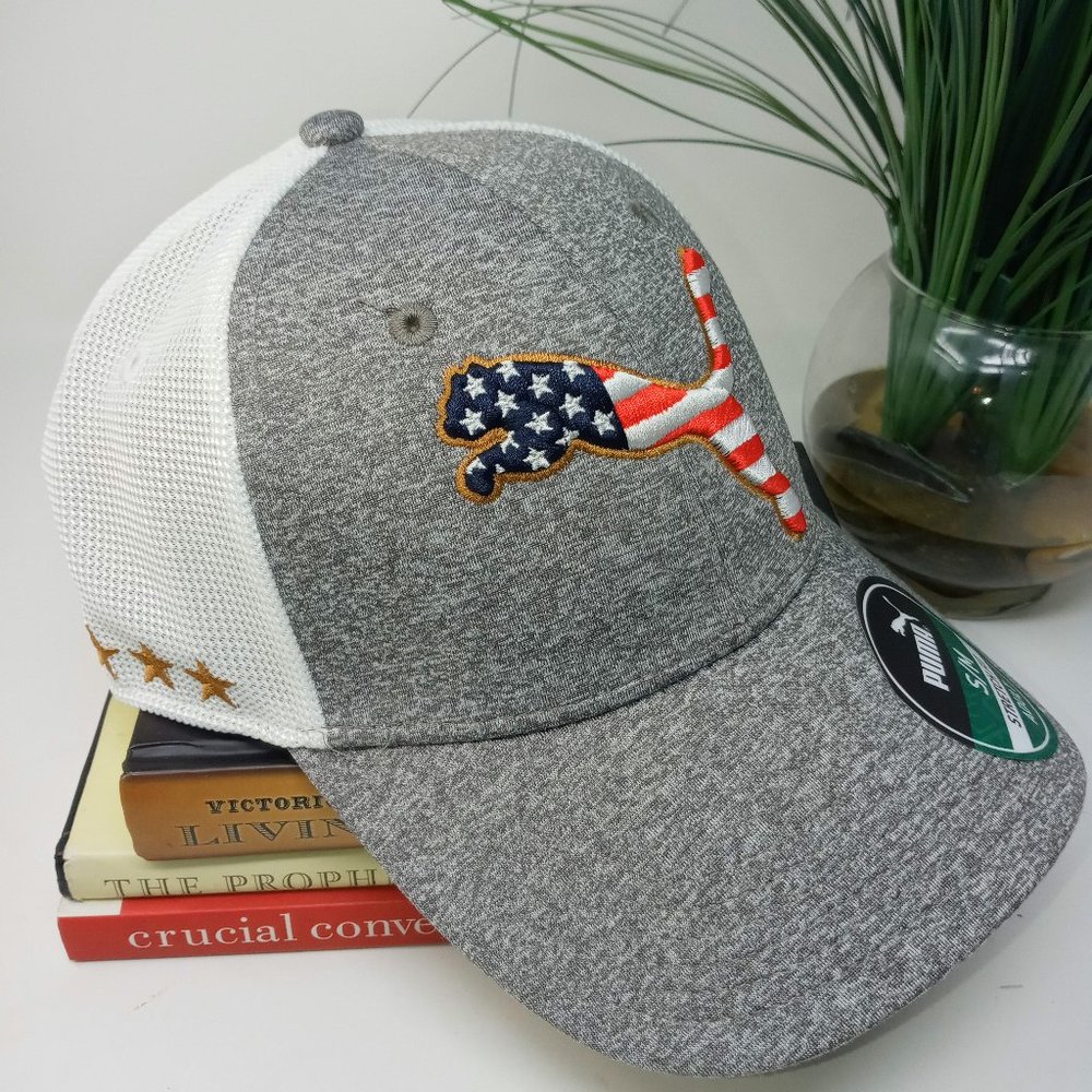 Puma Men's Gray & White American Flag Logo Trucker Cap